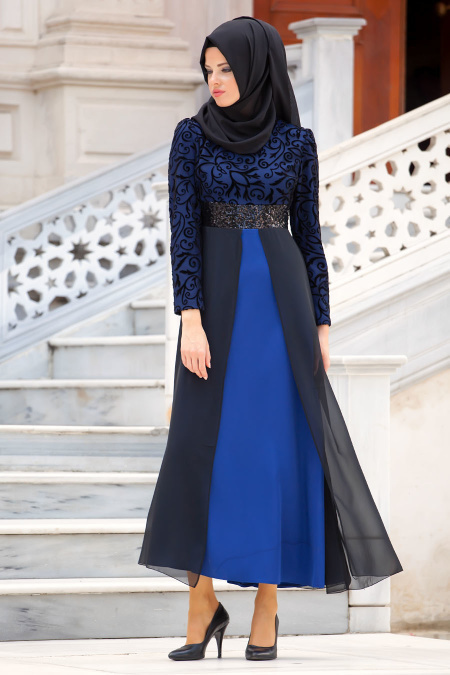 Nayla Collection - Flok Baskılı Saks Mavisi Tesettür Elbise 4109SX