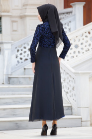 Nayla Collection - Flok Baskılı Saks Mavisi Tesettür Elbise 4109SX - Thumbnail