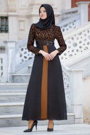 Nayla Collection - Flok Baskılı Taba Tesettür Elbise 4109TB - Thumbnail