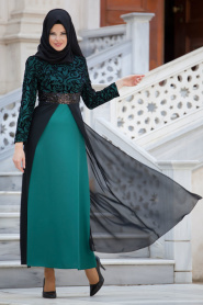 Nayla Collection - Flok Baskılı Yeşil Tesettür Elbise 4109Y - Thumbnail
