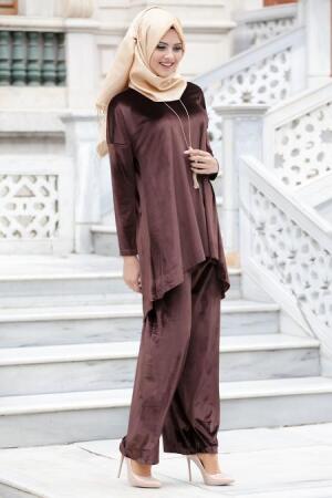Nayla Collection - Kadife Kahverengi İkili Tesettür Takım 405KH - 1