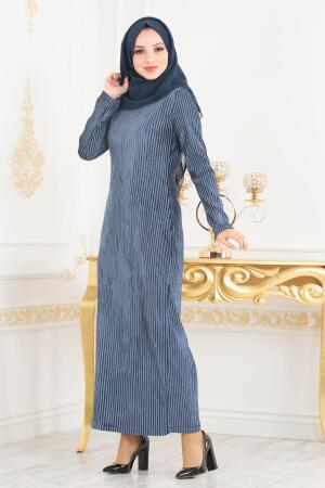 Nayla Collection - Kadife İndigo Mavisi Tesettür Elbise 18552IM - 1