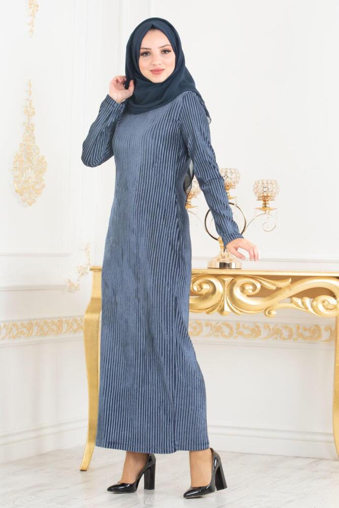 Nayla Collection - Kadife İndigo Mavisi Tesettür Elbise 18552IM - 1