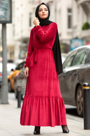 Nayla Collection - Kadife Kırmızı Tesettür Elbise 4010K - Thumbnail