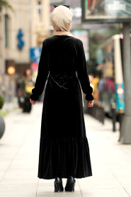 Nayla Collection - Kadife Siyah Tesettür Elbise 4010S - Thumbnail