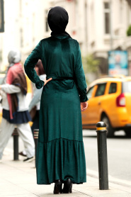 Nayla Collection - Kadife Yeşil Tesettür Elbise 4010Y - Thumbnail