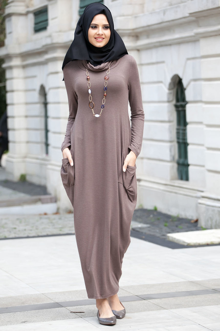 Nayla Collection - Kahverengi Penye Tesettür Elbise 3028KH