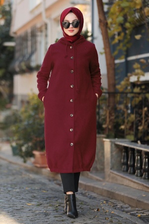 Nayla Collection - Kapşonlu Bordo Tesettür Kaşe Kap 5403BR - 1