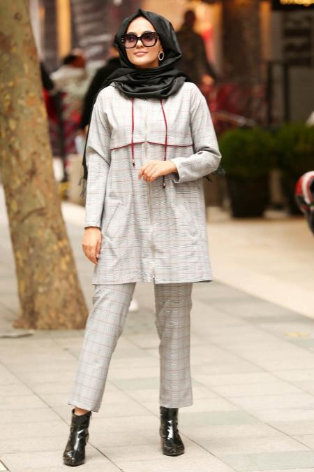 Nayla Collection - Kapşonlu Ekoseli Bordo Tesettür Takım 12065BR - 3