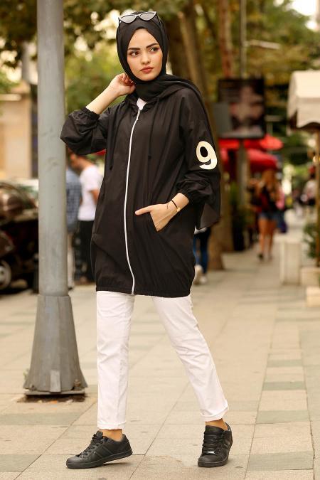 Nayla Collection - Kapşonlu Fermuarlı Siyah Tesettür Kap 5670S - 2