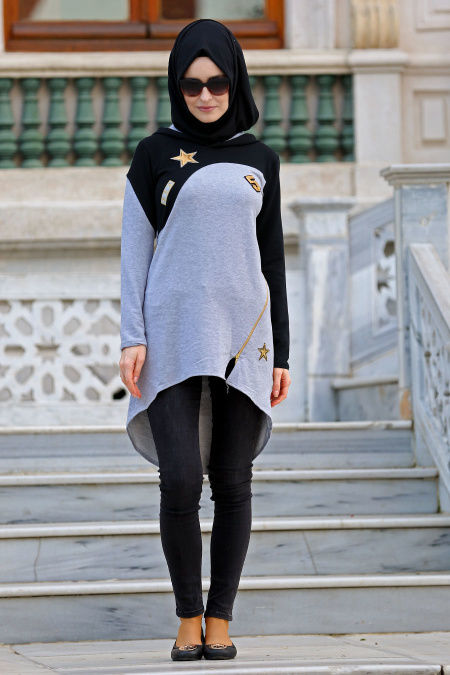Nayla Collection - Kapşonlu Gri Tesettür Sweatshirt 3987GR