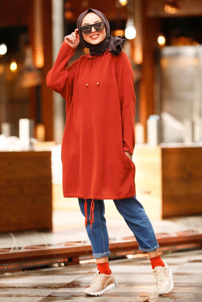 Nayla Collection - Kapşonlu Kiremit Tesettür Triko Tunik 21001KRMT - 1