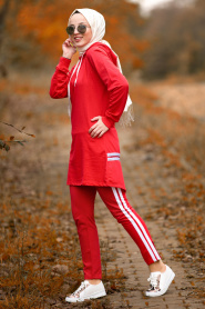 Nayla Collection - Kapşonlu Kırmızı Tesettür Spor Takım 8917K - Thumbnail