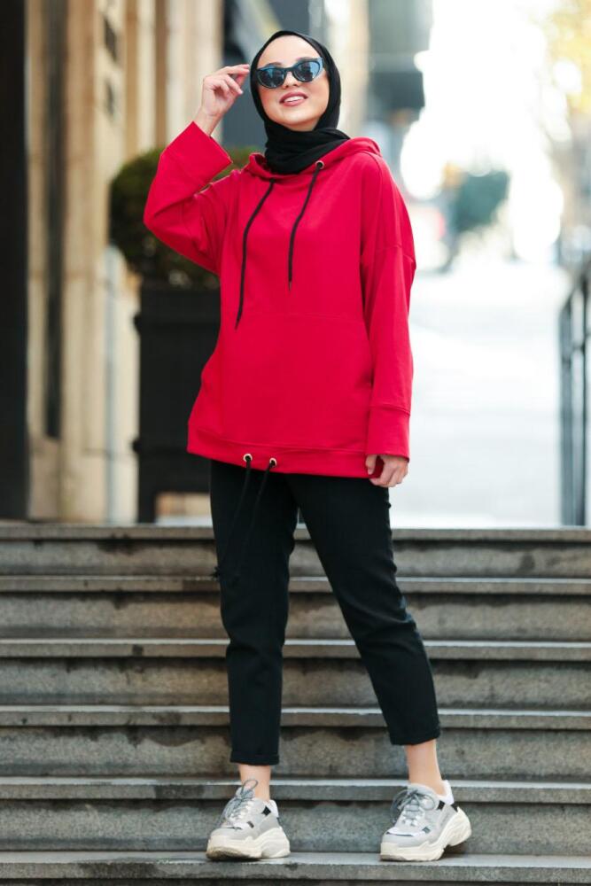Nayla Collection - Kapşonlu Kırmızı Tesettür Sweatshirt 2163K - 1