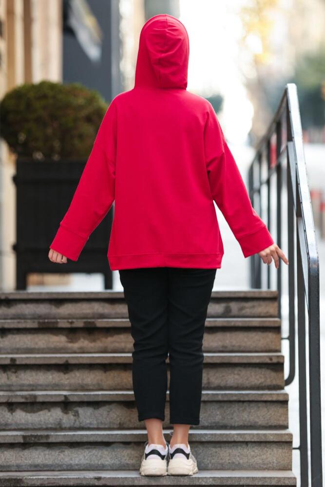 Nayla Collection - Kapşonlu Kırmızı Tesettür Sweatshirt 2163K - 2