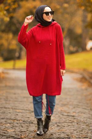 Nayla Collection - Kapşonlu Kırmızı Tesettür Triko Tunik 21001K - 1