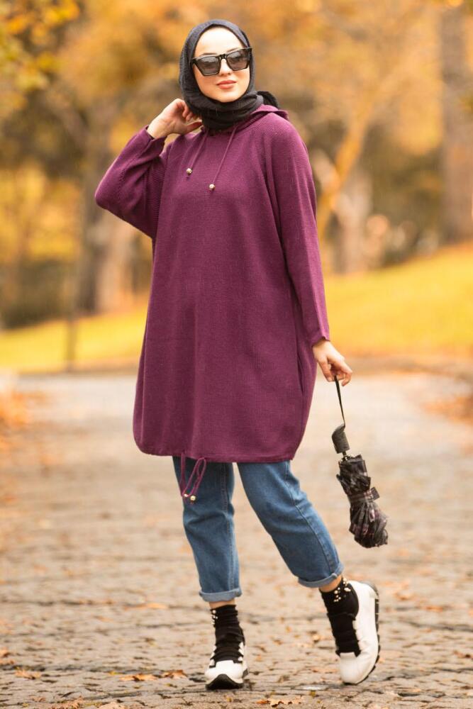 Nayla Collection - Kapşonlu Mor Tesettür Triko Tunik 21001MOR - 1