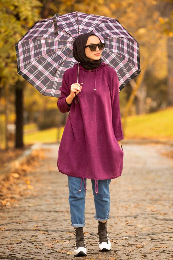 Nayla Collection - Kapşonlu Mor Tesettür Triko Tunik 21001MOR - 2