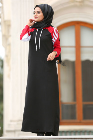 Nayla Collection - Kapşonlu Siyah Tesettür Elbise 8011S - Thumbnail