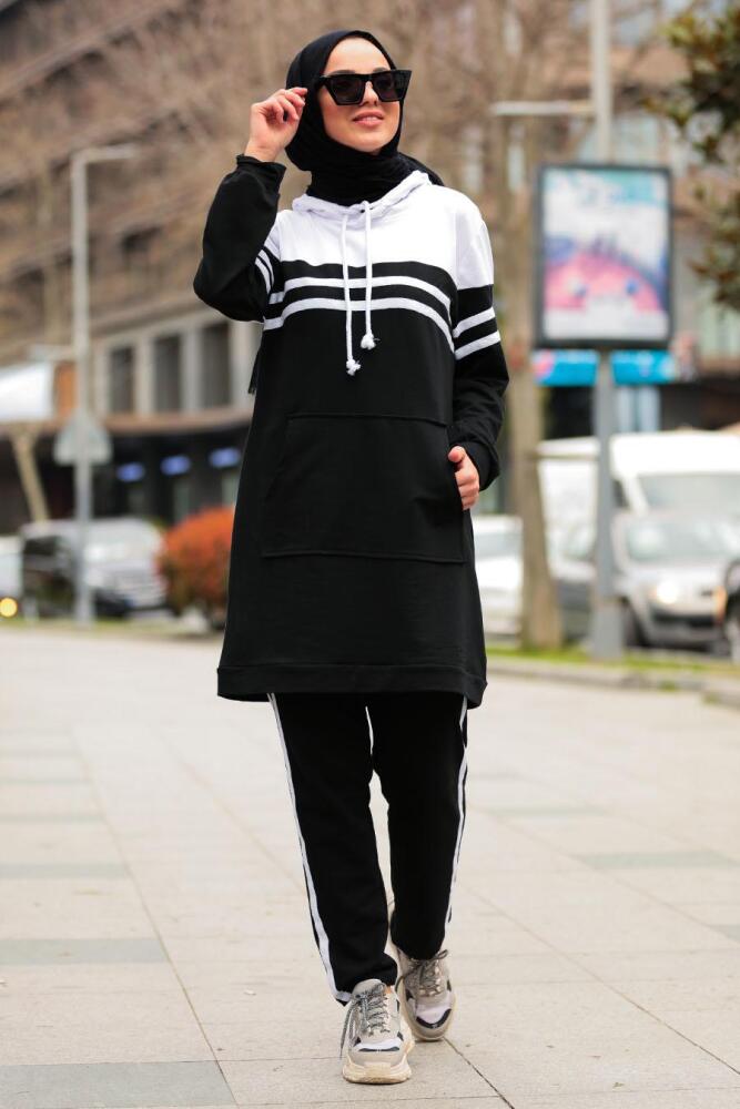 Nayla Collection - Kapşonlu Siyah Tesettür Spor Takım 2367S - 1