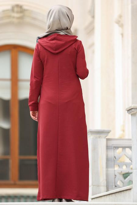 Nayla Collection - Kelebek Desenli Bordo Tesettür Elbise 80260BR - 2