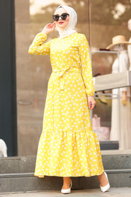 Nayla Collection - Kelebek Desenli Sarı Tesettür Elbise 5005SR - Thumbnail