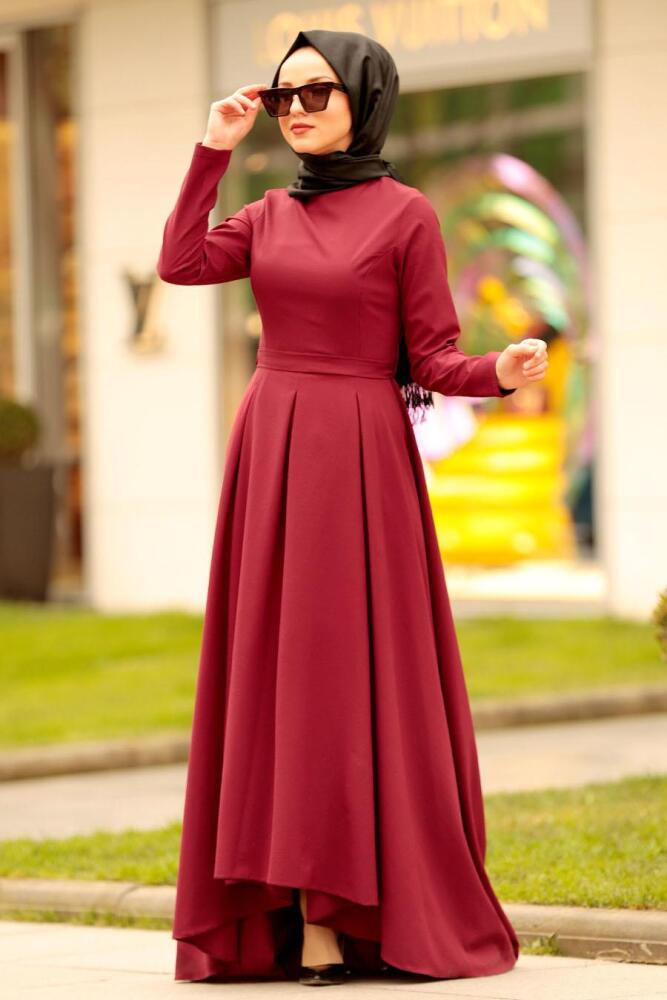 Nayla Collection - Kemer Detaylı Bordo Tesettür Elbise 42501BR - 1