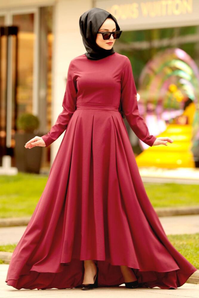 Nayla Collection - Kemer Detaylı Bordo Tesettür Elbise 42501BR - 2