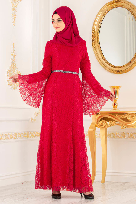 Nayla Collection -Kemer Detaylı Dantelli Kırmızı Tesettür Abiye Elbise 100406K