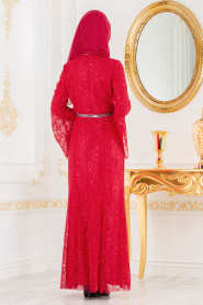 Nayla Collection -Kemer Detaylı Dantelli Kırmızı Tesettür Abiye Elbise 100406K - Thumbnail