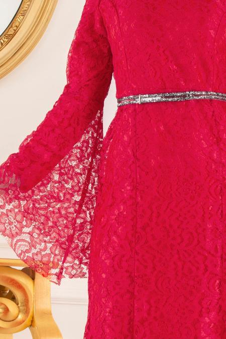 Nayla Collection -Kemer Detaylı Dantelli Kırmızı Tesettür Abiye Elbise 100406K - 3