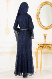 Nayla Collection -Kemer Detaylı Dantelli Lacivert Tesettür Abiye Elbise 100406L - Thumbnail