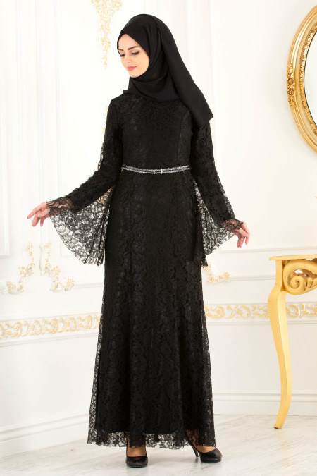 Nayla Collection -Kemer Detaylı Dantelli Siyah Tesettür Abiye Elbise 100406S