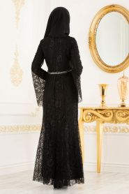 Nayla Collection -Kemer Detaylı Dantelli Siyah Tesettür Abiye Elbise 100406S - Thumbnail