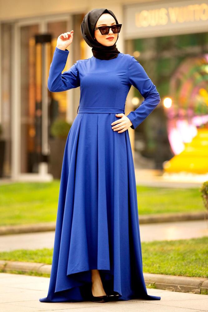Nayla Collection - Kemer Detaylı Sax Mavisi Tesettür Elbise 42501SX - 1