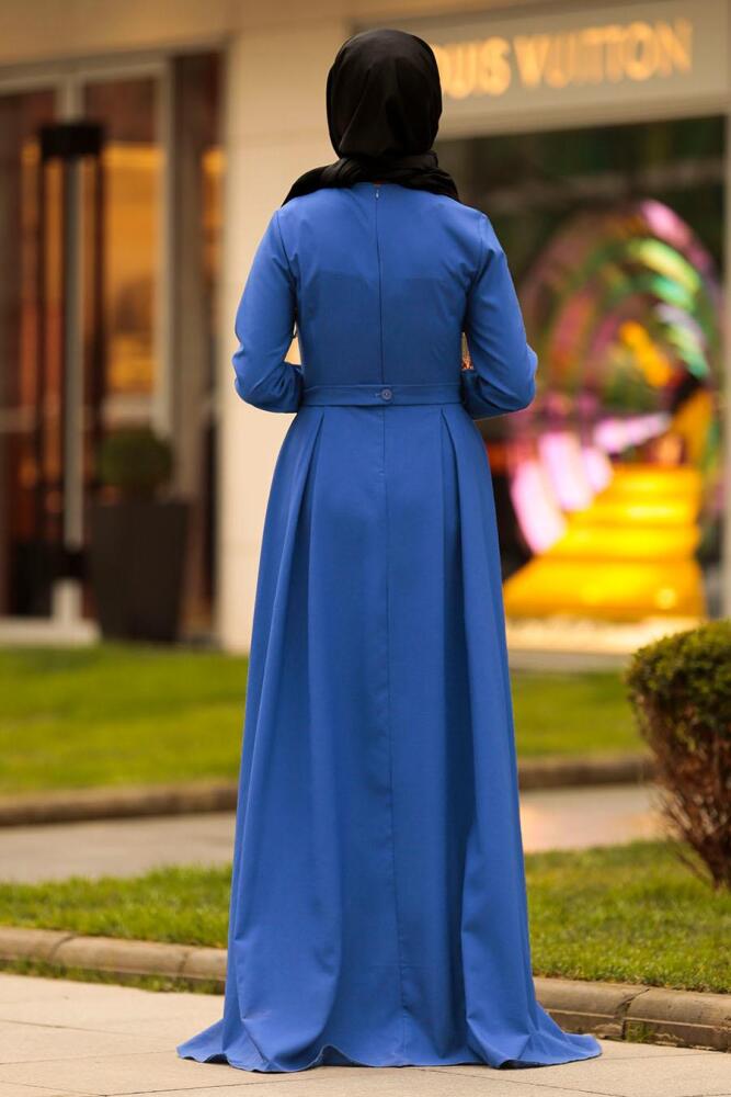 Nayla Collection - Kemer Detaylı Sax Mavisi Tesettür Elbise 42501SX - 3