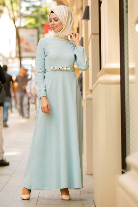 Nayla Collection - Kemeri Çiçekli Buz Mavisi Tesettür Elbise 77970BM