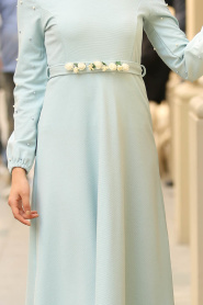 Nayla Collection - Kemeri Çiçekli Buz Mavisi Tesettür Elbise 77970BM - Thumbnail