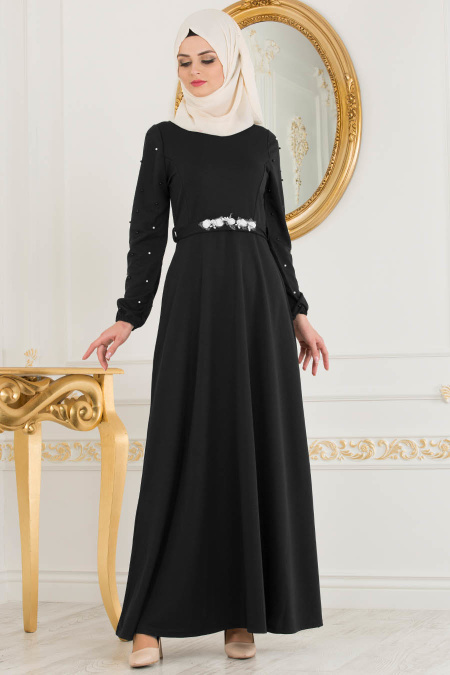Nayla Collection - Kemeri Çiçekli Koyu Lacivert Tesettür Elbise 77970KL
