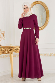 Nayla Collection - Kemeri Çiçekli Mürdüm Tesettür Elbise 77970MU - Thumbnail