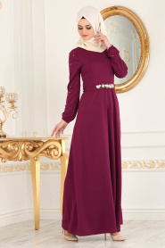 Nayla Collection - Kemeri Çiçekli Mürdüm Tesettür Elbise 77970MU - Thumbnail