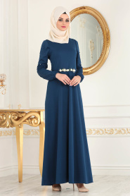 Nayla Collection - Kemeri Çiçekli Petrol Mavisi Tesettür Elbise 77970PM - Thumbnail
