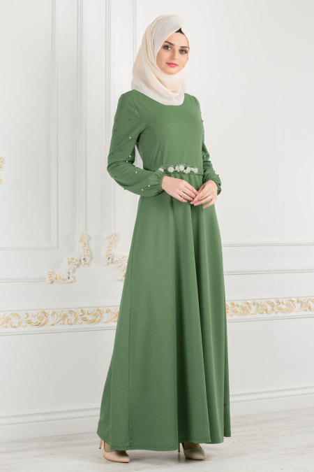 Nayla Collection - Kemeri Çiçekli Yeşil Tesettür Elbise 77970Y