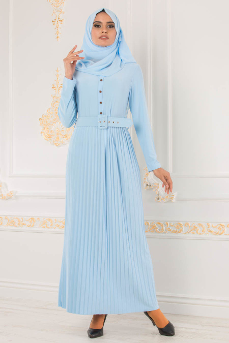 Nayla Collection - Kemerli Bebek Mavisi Tesettür Elbise 18015BM