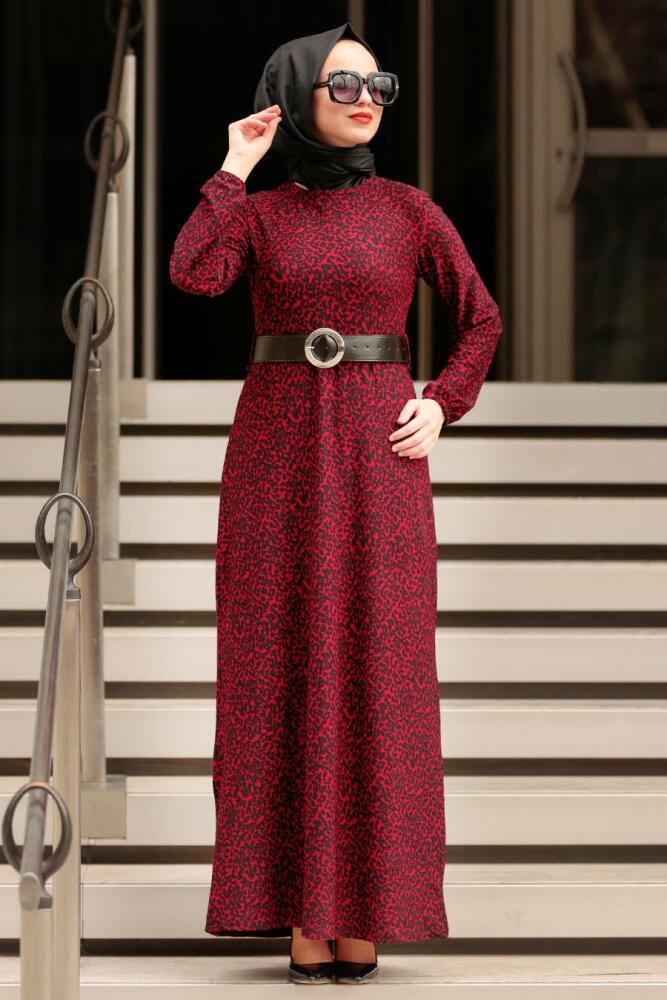 Nayla Collection - Kemerli Bordo Tesettür Elbise 10761BR - 1