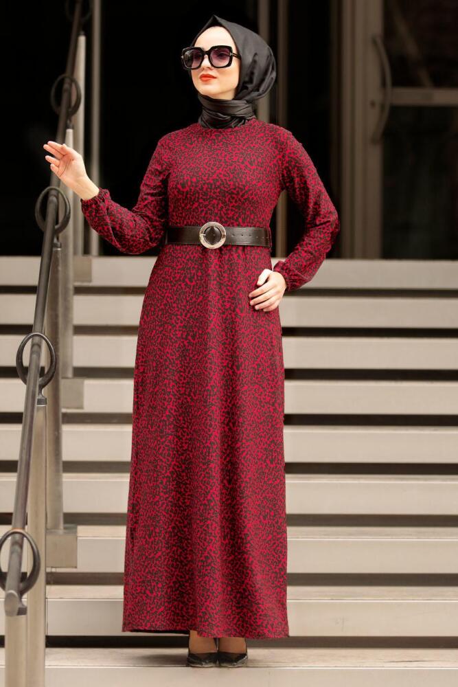 Nayla Collection - Kemerli Bordo Tesettür Elbise 10761BR - 2