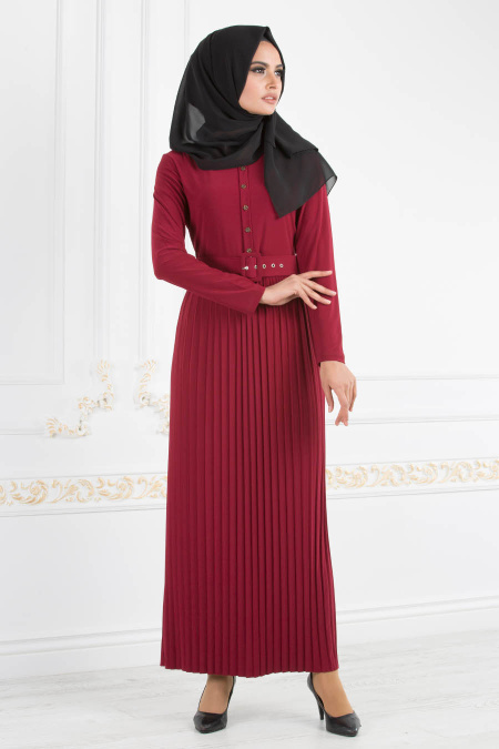 Nayla Collection - Kemerli Bordo Tesettür Elbise 18015BR