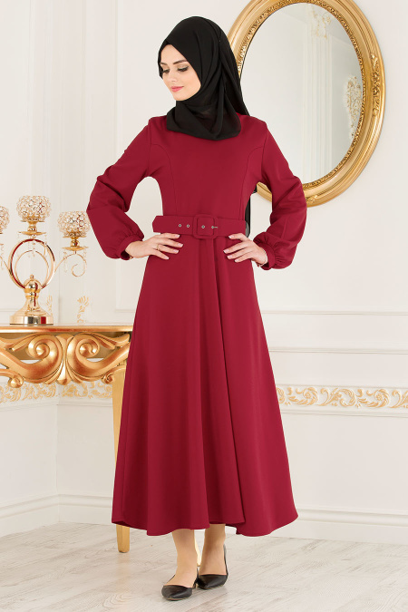Nayla Collection - Kemerli Bordo Tesettür Elbise 3567BR