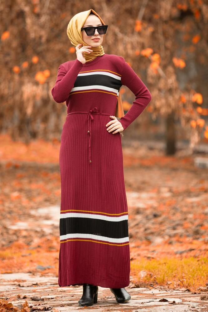 Nayla Collection - Kemerli Bordo Tesettür Triko Elbise 15583BR - 1