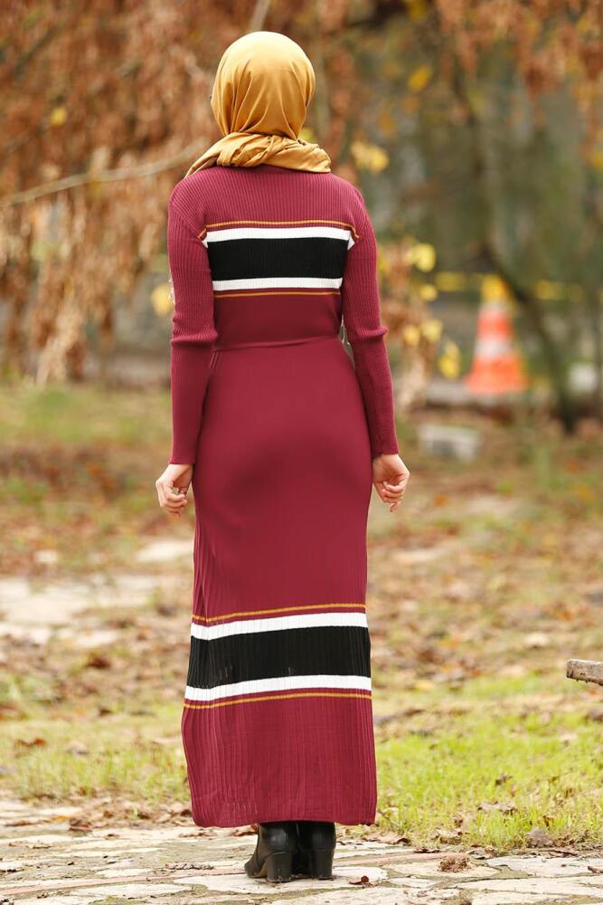 Nayla Collection - Kemerli Bordo Tesettür Triko Elbise 15583BR - 2